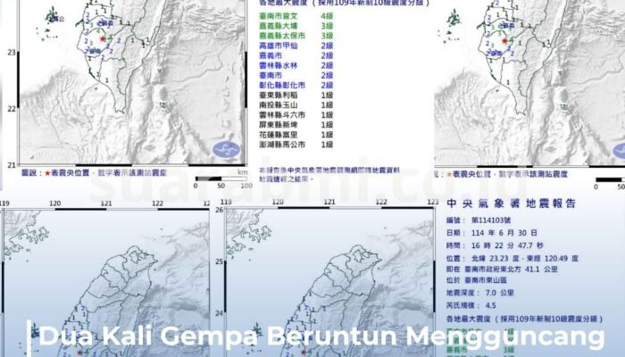 Tainan Diguncang Gempa Magnitudo 4,5 dan 4,6 Secara Beruntun