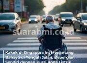 Terekam Kamera Seorang Kakek Nekat Naik Kursi Roda Listrik Sendirian di Jalan Raya Balestier, Singapura